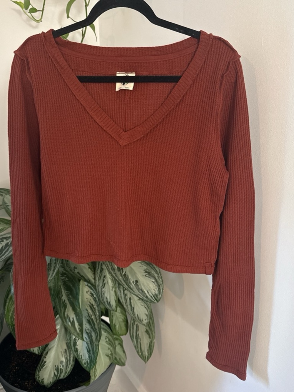 We the Free Waffle-Knit V-Neck Long Sleeve Top - Rust